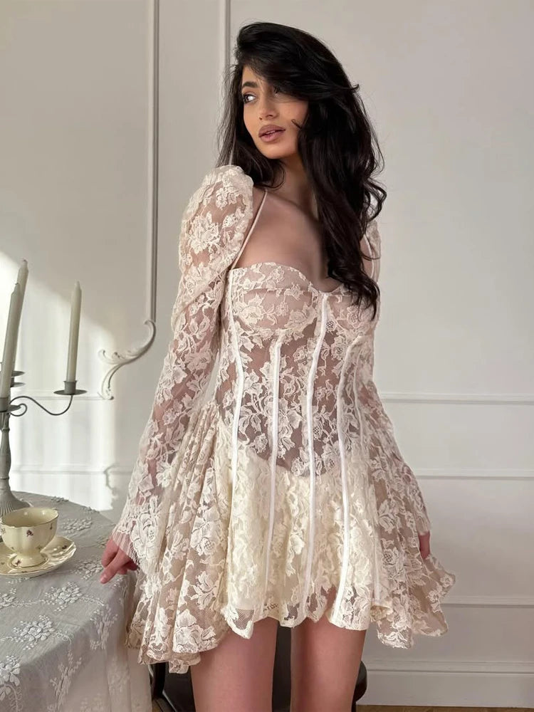 3 Different Types Elegant Patchwork Lace Short Dress Women Chic Full Sleeves See Through A-Line Slim Hollow Out Sling Dresses Lady Evening Party Wedding Guest Night Clubwear Prom New Arrivals