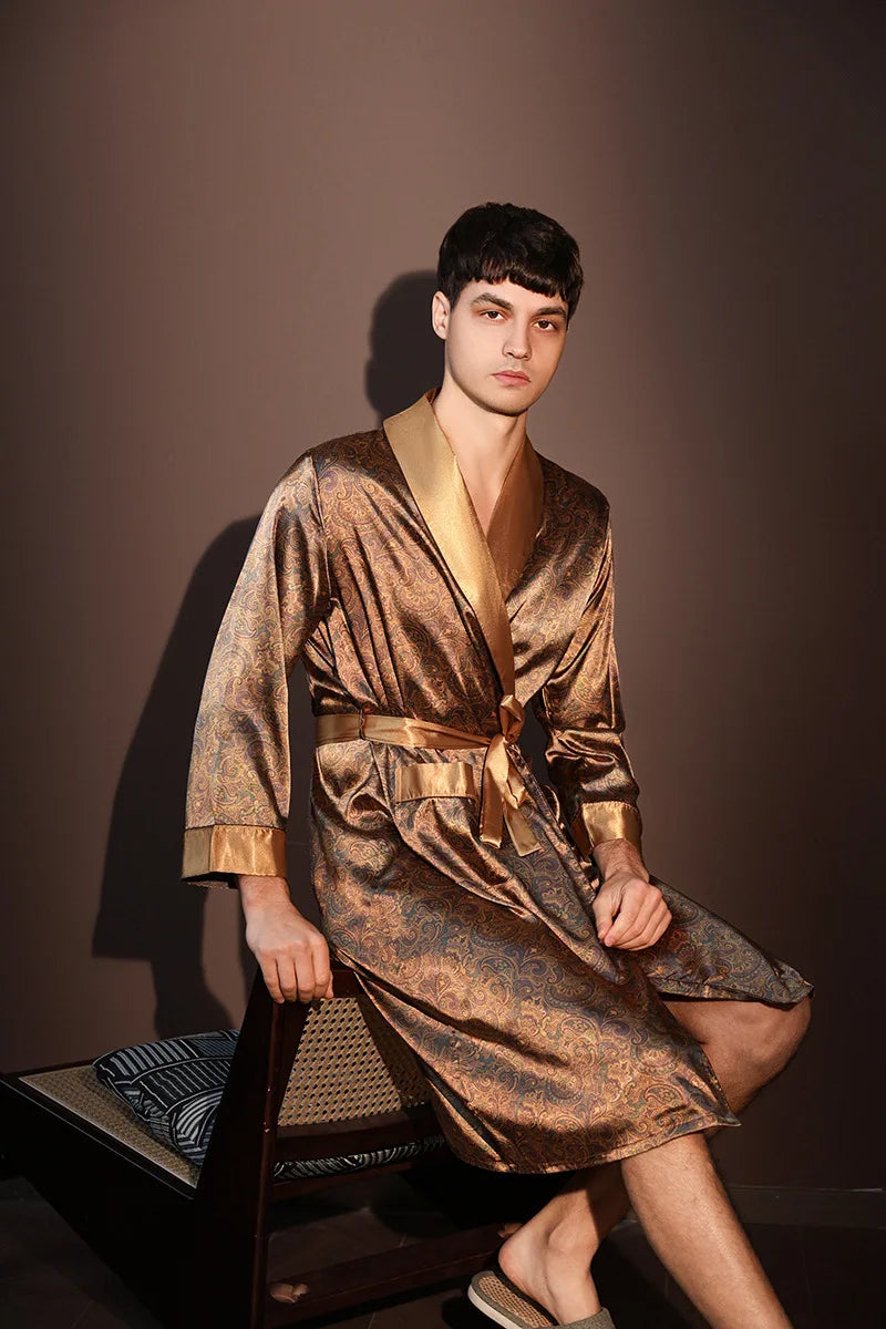 NEW S(50Kg-XL (100Kg) 6 Colors High Quality Silk Nightrobes Men Summer Thin Bathrobe Large Size Ice Silk Pajamas One-piece Robe Male Loungewear Gents Spring Summer