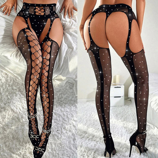 Women Erotic Lingerie Rhinestone Stockings With Belt Set High Fishnet Hosiery Sexy Crotchless Pantyhose Black Mesh Long Stocking