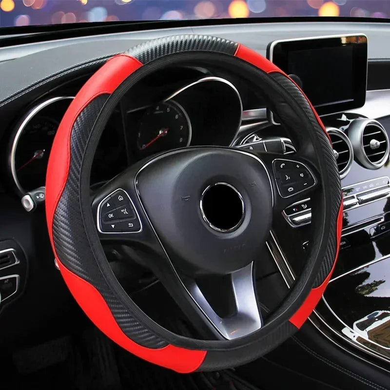 Car 37-38.5cm Steering Wheel Cover Breathable Anti Slip PU Leather Steering Covers Suitable Auto Decoration Carbon Fiber Cars Accessories