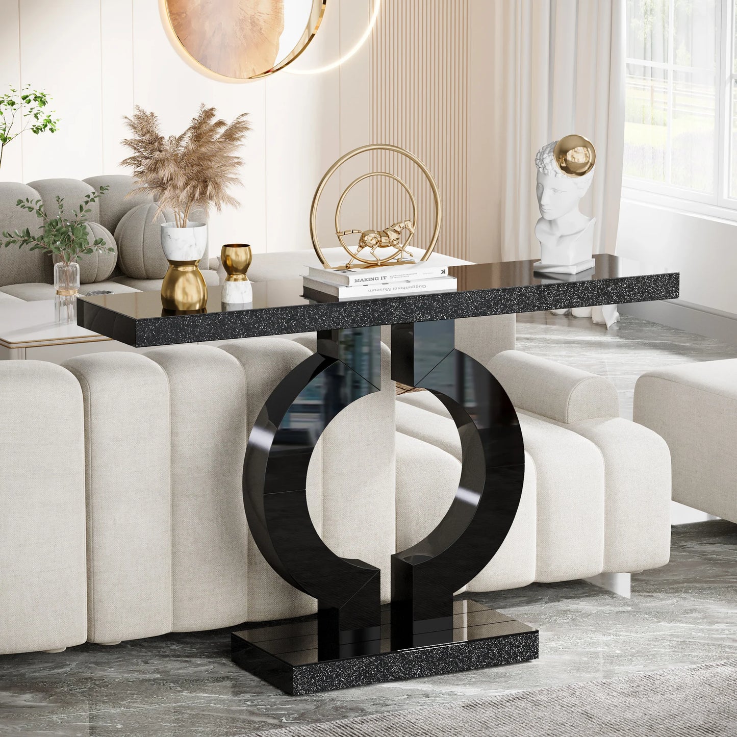 Ivory/Black Color 43-Inch Luxury Modern Mirrored Console Table, Glass Sofa Table with Mirror Finish, Entryway Table with O-Shaped Base, Home Furniture Supplies