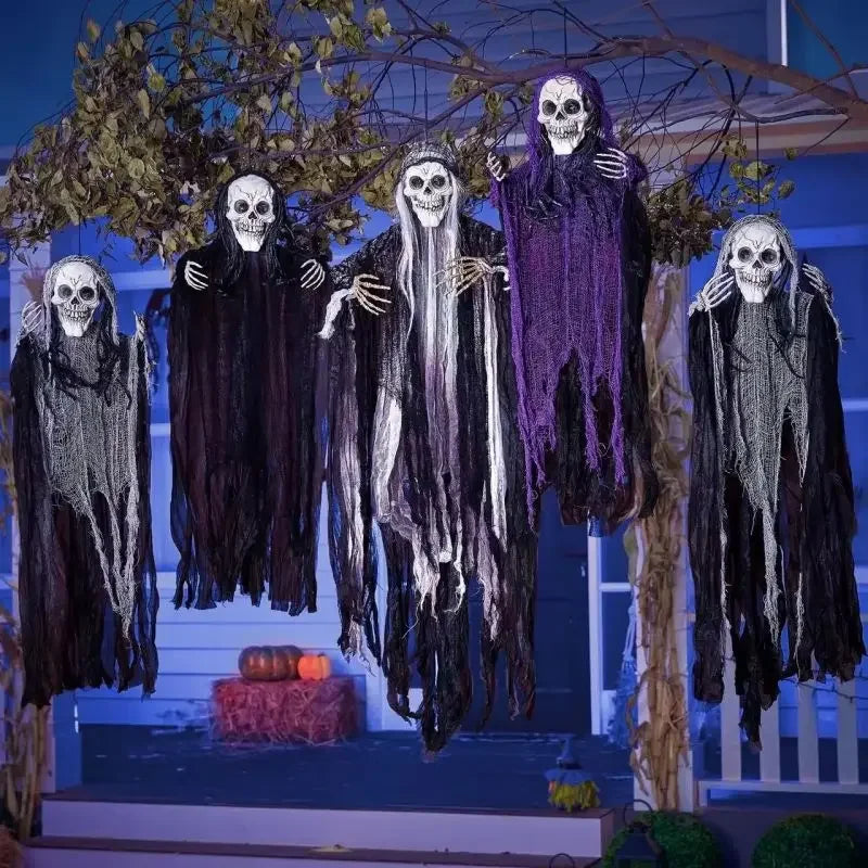 Hanging Halloween Skeleton Ghosts Decorations Grim Reapers for Halloween Outdoor  Halloween Sound Control Light Up Ghost