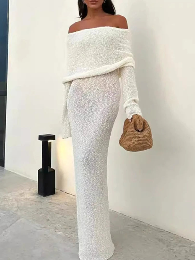 White Mini and Maxi Sexy See Through Dress Slash Neck Knitted Dress Women Thin Autumn Spring Summer Long Sleeve Elegant Vacation Beach Party Midnight Clubwear Mini Bodycon
