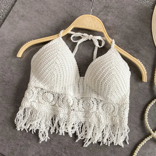 Handmade Sexy Beach Holiday Camisole Halter Women Crochet Knit Swimsuit Bra Backless Vest Hollow Tassel Tank Top Women's Female Crop Tops Girls Ladies Summer Luxury Fashion Clothing Products