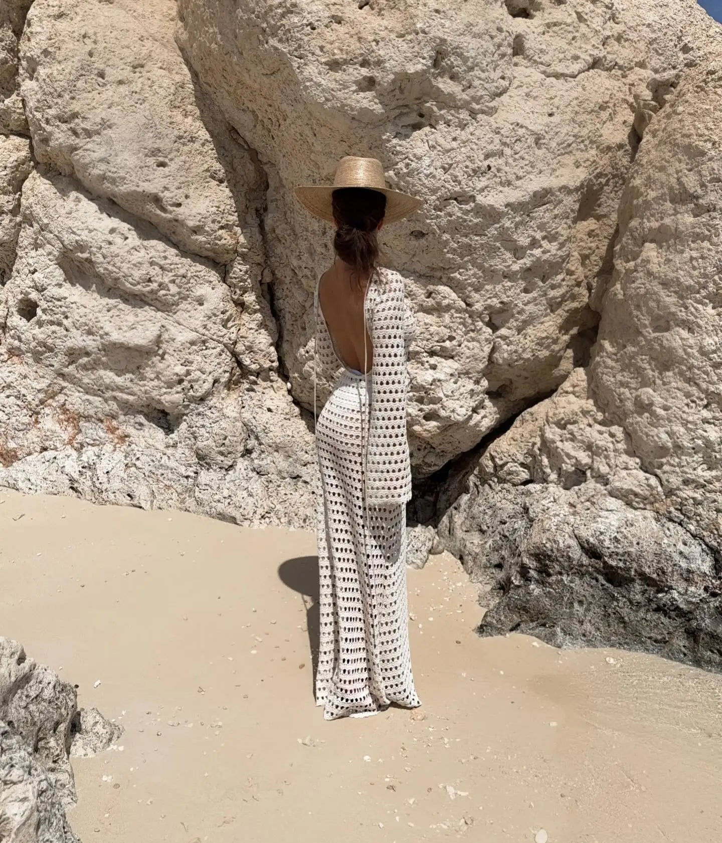 NEW Sexy Handmade Beige Knit Mesh Backless Long Bell Sleeve Beach Maxi Dress Women's Summer Slim Outfits Vacation Swimsuit Cover Up Tunic K205