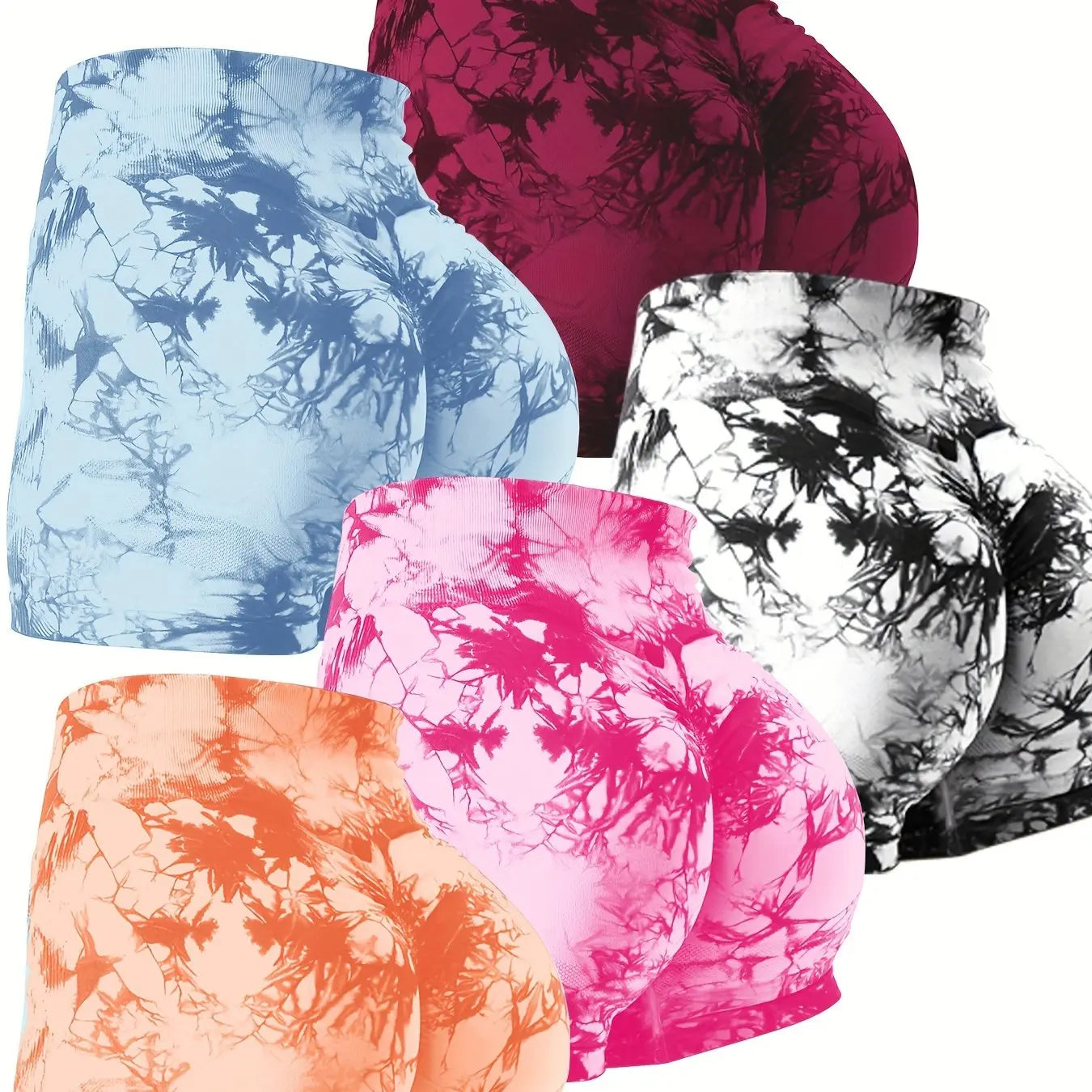 NEW Arrivals 5PCS Set  High-Waisted Tie-Dye Biker Shorts for Women - Stretchy, Moisture-Wicking, Quick-Drying, High-Quality Nylon Fabric Yoga Fitness Gym Outdoor Running Shorts Set Sports Supplies