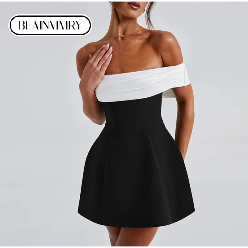 NEW Arrivals Luxury Back Big Bow Decoration Mini Dress Fashion Off Shoulder High Waist Sleeveless Backless Dresses Autumn Evening Wedding Birthday Party Night Club Outfit Dresses Gowns Girls Ladies Fashion Clothing Supplies