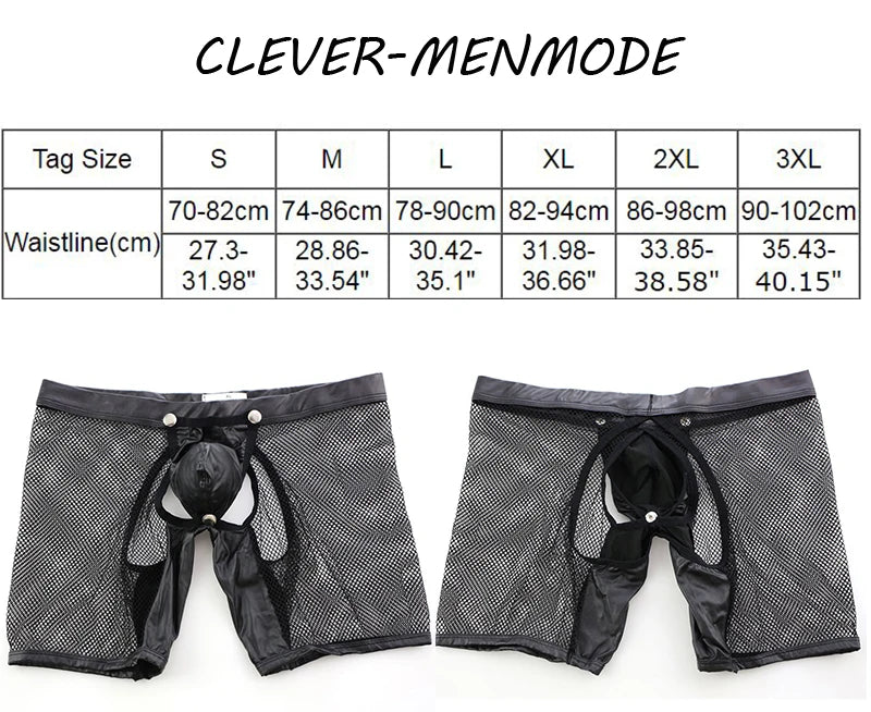 Adult Men's Sexy Boxer Shorts Removable PU Penis Pouch Crotchless Underwear U Convex Open Butt Trunks See Through Mesh Exotic Lingerie