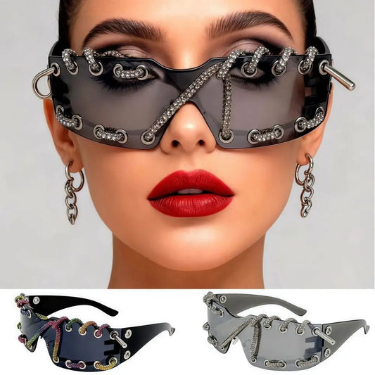 Rhinestones Chain Sunglasses Retro Cool Trendy Sunglasses UV Protective Lightweight Streetwear Party Shades For Women Men