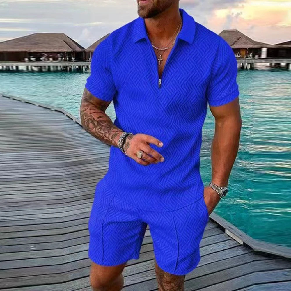 2 PCS Set S-5XL Plus Size for Curvy Men's Athletic T-Shirt Set Casual Mesh Lapel Short Sleeve Pullover Tops + Shorts  Solid Thin Sporty Suits Summer Casual Clothing Suit