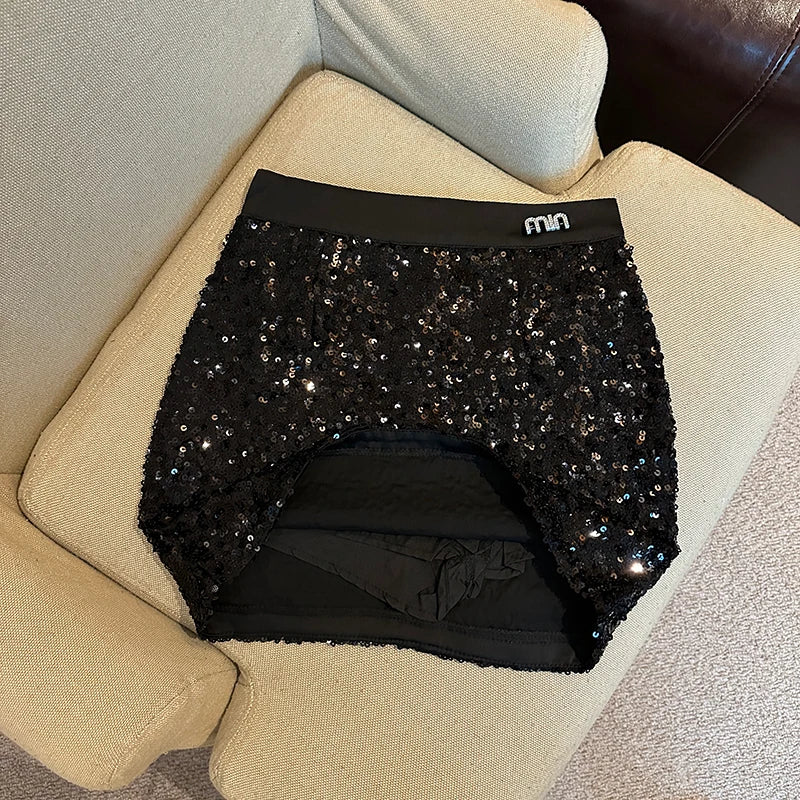 NEW Arrivals Sexy Spice Girl Black Sequin Skirt Women Summer New Spice Girl High Waist Stitching Slim-Fit Elegant Commuting Hip Culotte Ladies Girls Luxury Fashion Clothing Supplies