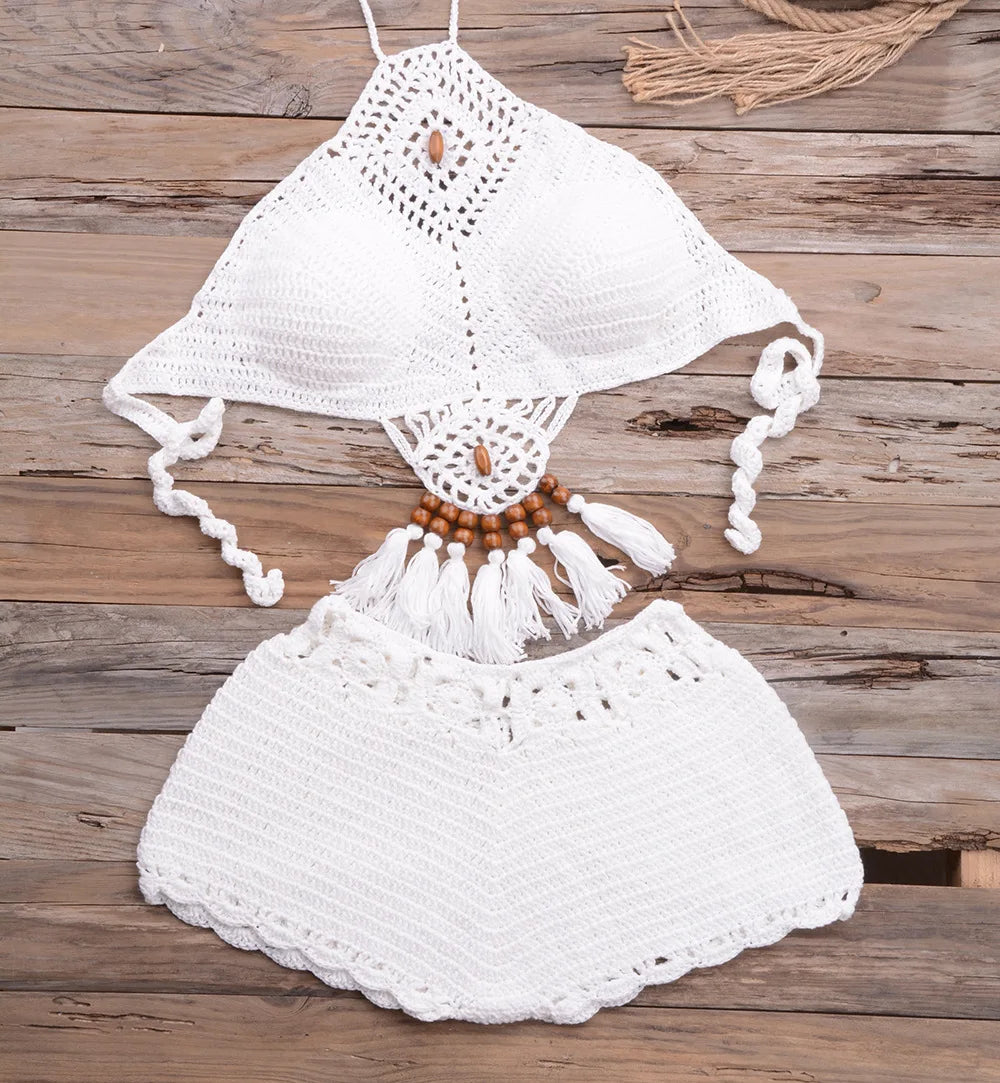 Handmade Bohemian Women Girls  Bikini 2PCS Set Crochet Knitting Mini Bra Top With Short  Swimsuit  Pareo Beachwear Suit Female Sexy Ladies Summer Beach Luxury Fashion Clothing Supplies
