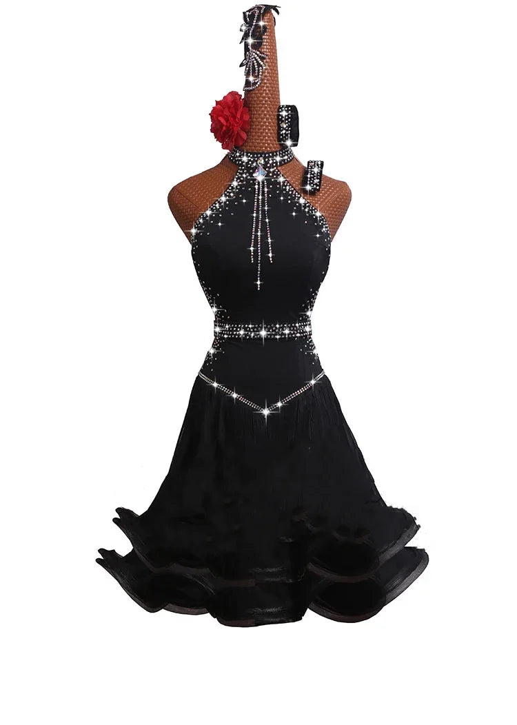 Adults/Children XXXS-2XL 5PCS Set Latin Dance Competition Dress New Performance Dress High-grade Black  Sexy Fishbone Curling Skirt-Dresses