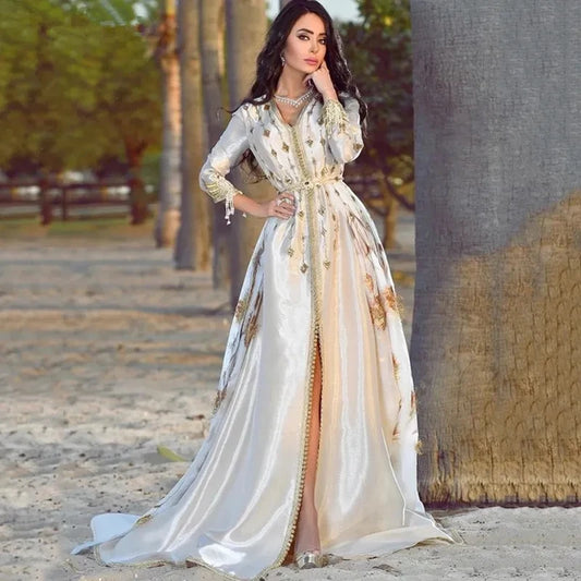 Low-Price Sales are Limited White/Black/Purple Luxury Moroccan Kaftan Muslim Evening Wedding Dresses A-line V-neck 3/4 Sleeves Appliques Dubai Arabic Turkey Caftan Abaya Islamic Gown Ladies Luxury Fashion Supplies