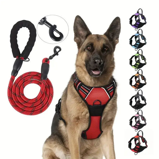 NEW 2PCS Set Service Dog Leash + Harness Front Clip Heavy Duty Reflective Easy Control Handle for Large Dog Walking Easy to Control for Small Medium