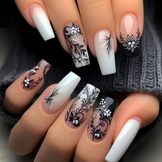 NEW 6 Types Colors Mid-length Ballet Fake Nail Art Flower Pattern Gradient White Coffin Press on Nails Sets Simple Detachable False Nails Tips Crafts and Gems