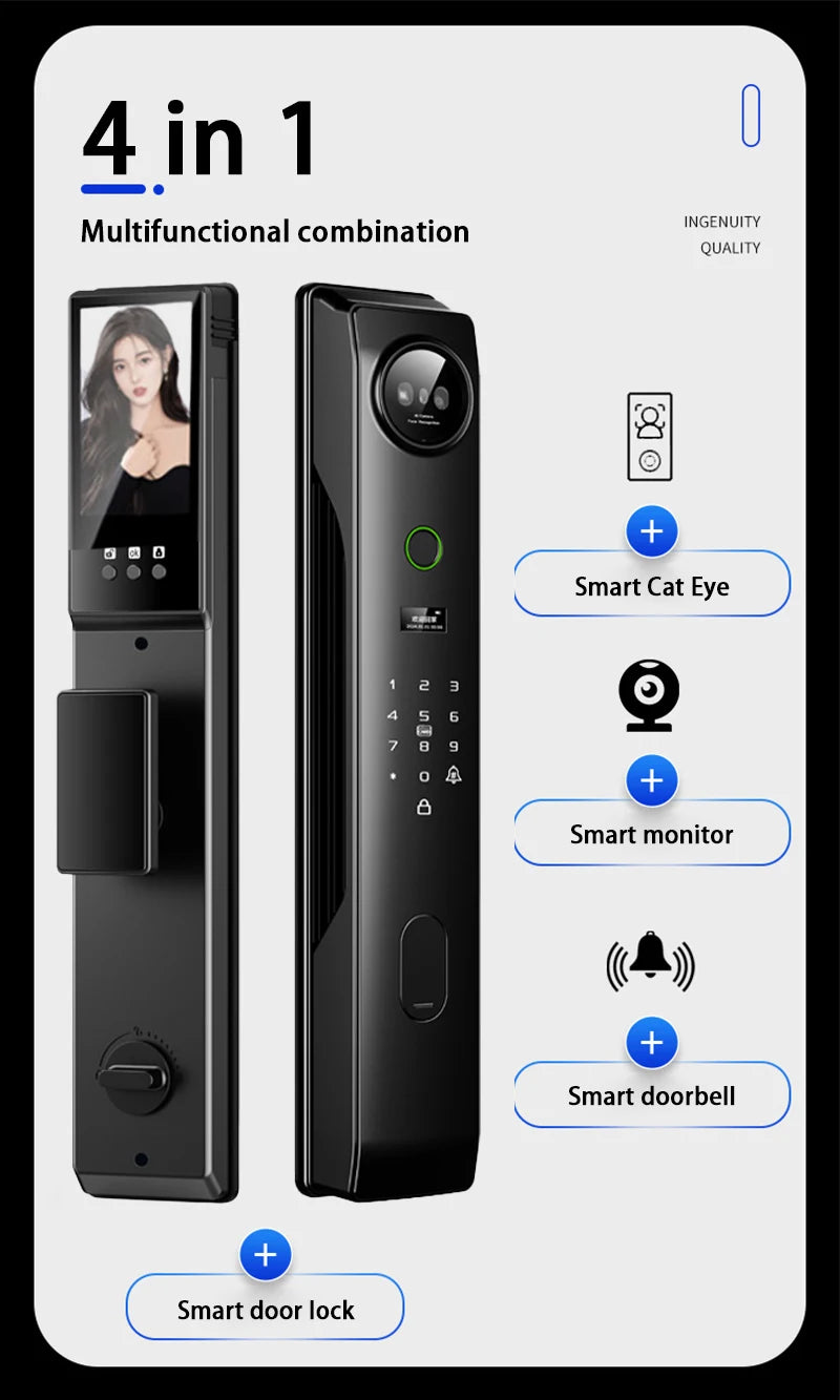 NEW 4 in 1 TUYA 3D Facial Recognition App WI-FI Password Fingerprint IC Card Portable Visual Doorbell Monitoring Camera Electronic Door Lock Home Apartments Office Security Supplies