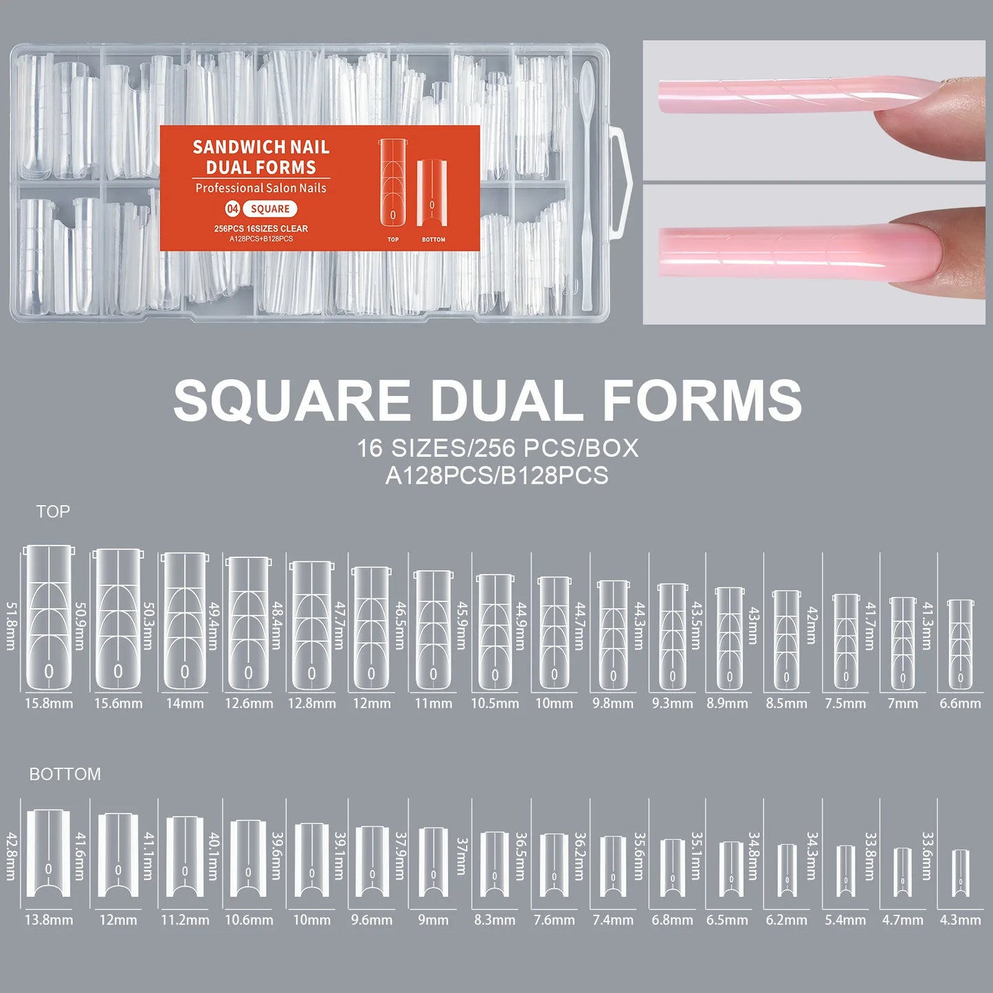 256 PCS Set 16 Size Long Coffin Sandwich Nail Dual Forms Almond Stiletto Square Nail Mold for Quick Nail Extension 16size Sandwich Nails Form
