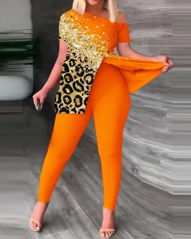 New Fashion Summer Casual 2PCS Set Women Female Evening Beach Party Night Club Outfit Contrast Leopard Skew Neck Slit Sexy Top & Pants Set Ladies Girls Luxury Fashion Clothing Supplies