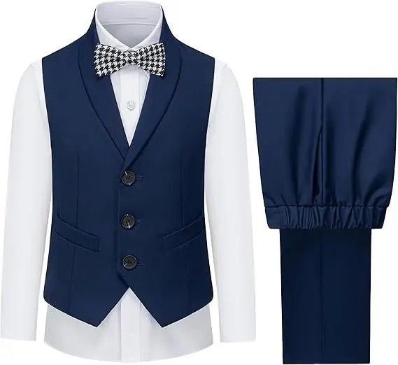 3 PCS Set 10 Colors Boys Kids Vest and Pants Set + Tie + Bowtie Formal Dress Suit Teen Boy Wedding Guest Evening Birthday Party Communion Outfit Kids Piano Host Performance Costume