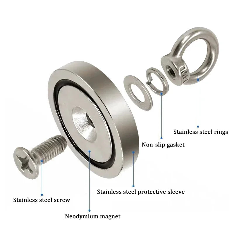 Super Strong Neodymium Fishing Magnets Heavy Duty Rare Earth Magnet with Countersunk Hole Eyebolt for Salvage Magnetic River Lakes Sea Boat Fishing Accessories.
