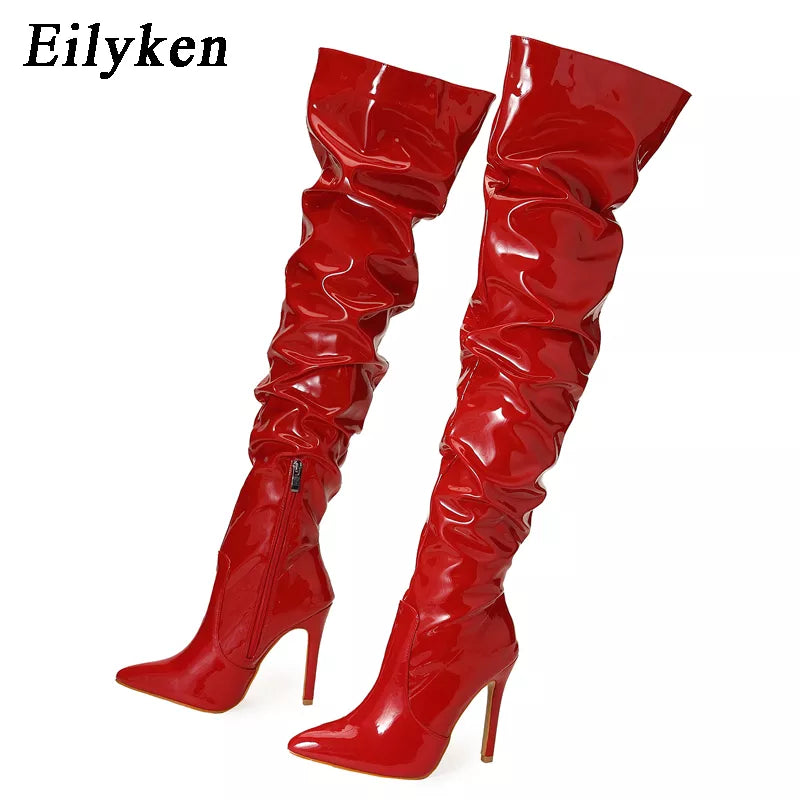 Red Women Over The Knee Boots High Heels Patent Leather Solid Pointed Toe Stiletto Side Zipper