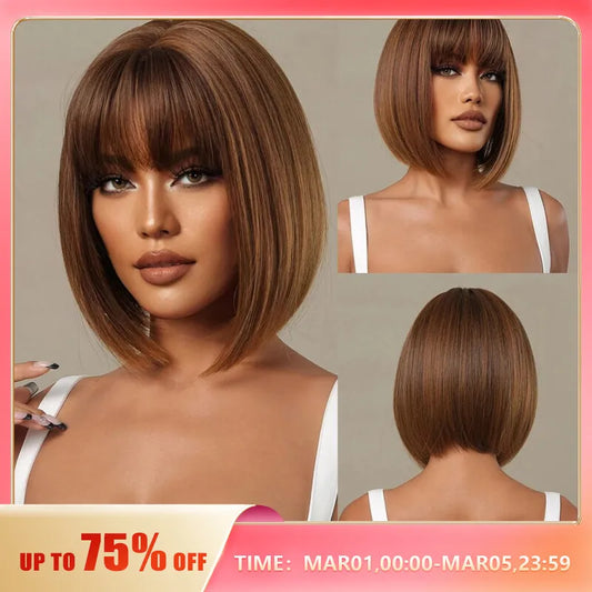 Honey Brown Short Bob Wig With Bangs Synthetic Heat Resistant Wig Natural Hair Looking