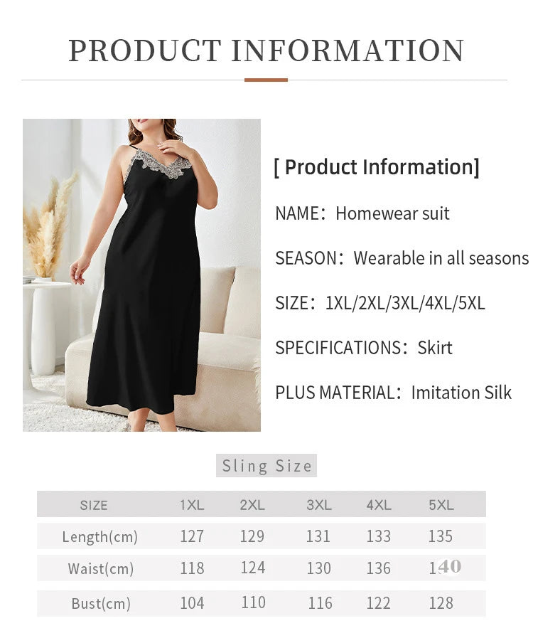 For Curvy Ladies XL-5XL Plus Size Long Nightgown Oversize Sleepwear Big Girls Satin Home Wear Dressing Gown Spaghetti Strap Loose Lingerie Lace Trim Nightwear Loungewear