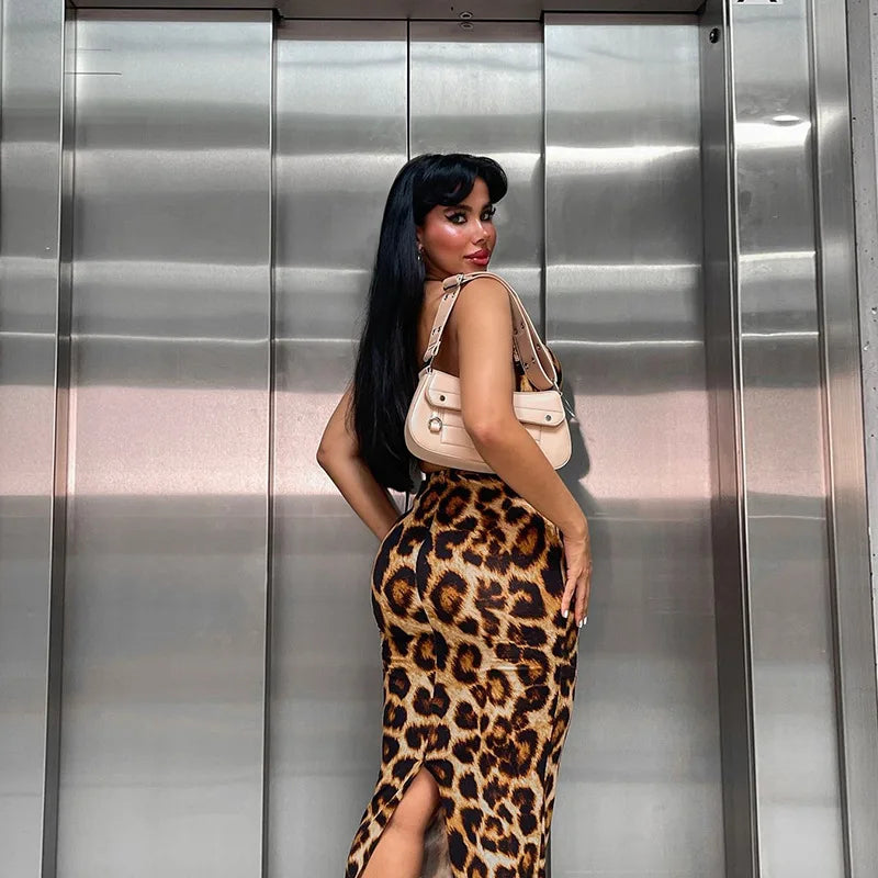 NEW Arrivals UK Size Lady High Street Partywear Women Elegant Leopard Halter Dress Sexy Backless Deep V-Neck Slim Long Dresses