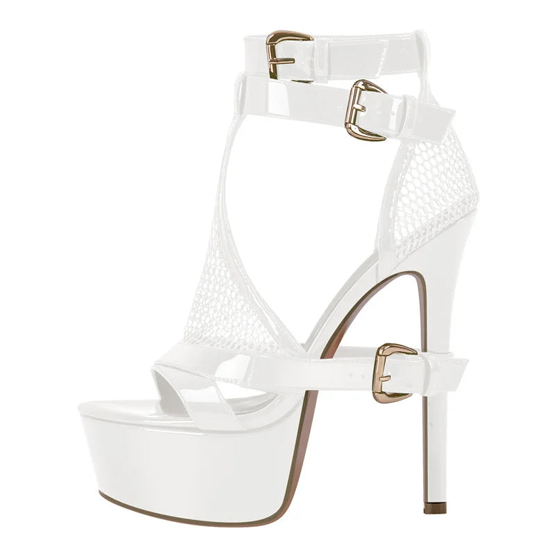 White/Black/Yellow Color  Women Yellow Mesh Buckle Peep Toe Platform Sandals Thin Heels Ankle Strap Buckle Dress Sexy Party Stiletto Sandals