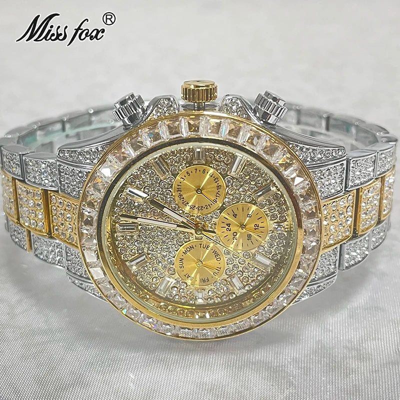 NEW Luxury Brand Gold Hip Hop Watches Men Fashion Rainbow Diamond Waterproof Smart Watch Full Steel Sports Clocks Male Wrist Watches Luxury Gifts for Husband Boyfriend