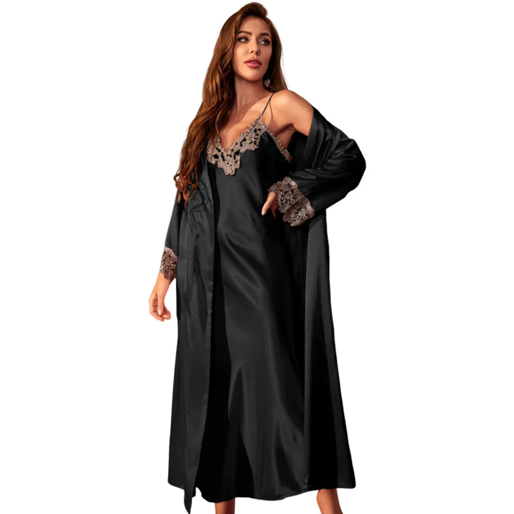 NEW Arrivals 2PCS Set Female Luxury Long Twinset Robe Set Nightgown Spring Summer Kimono Bathrobe Gown Sexy Lace Trim Nightdress Satin Home Wear Loungewear