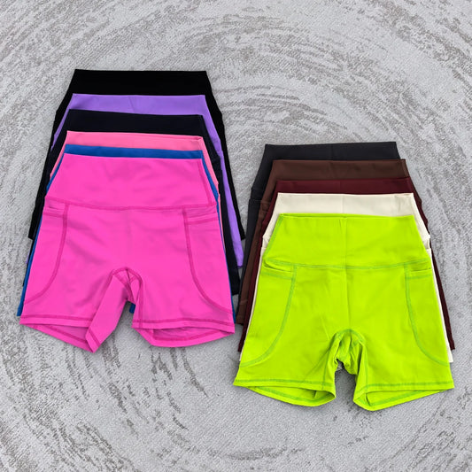 NEW Arrivals S-XL Size 10 Solid Color Cycling Women Sport Yoga Short Leggings Compression Support Sweat-Wicking Comprehensive Training Jog Side Pocket Women Sports Shorts