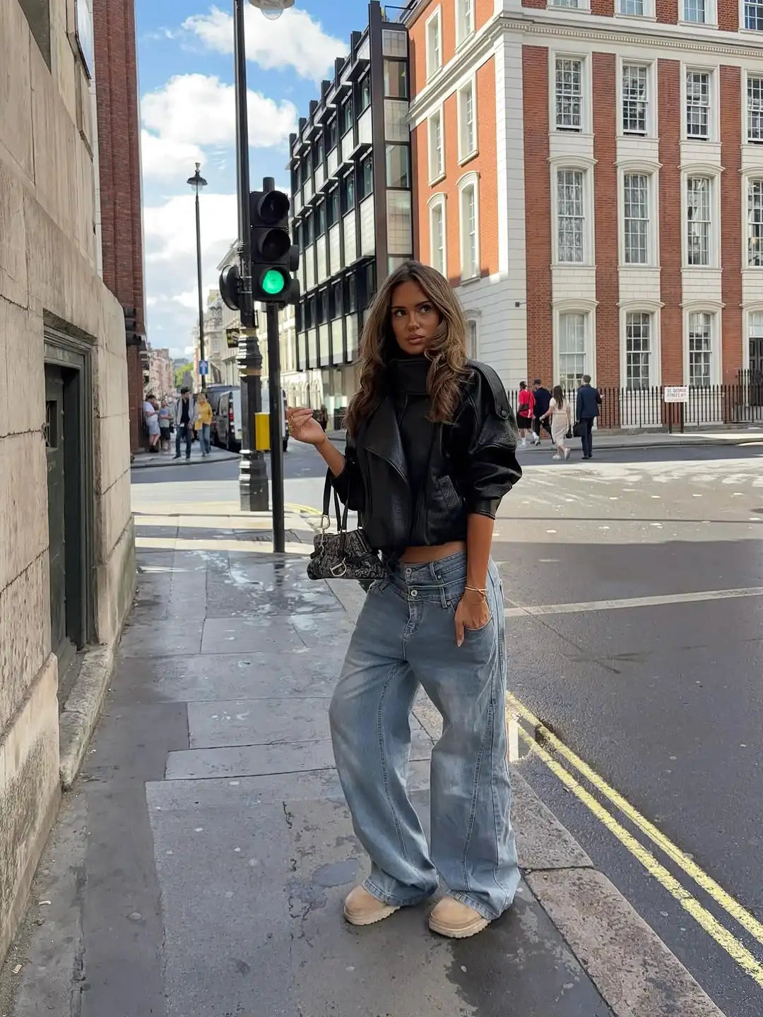UK Size Black Leather Biker Jacket Women's High Neck Long Sleeves Short Lapel Zip-up Ribbed Cuffs Autumn Winter Spring Daily Commute Street Coat