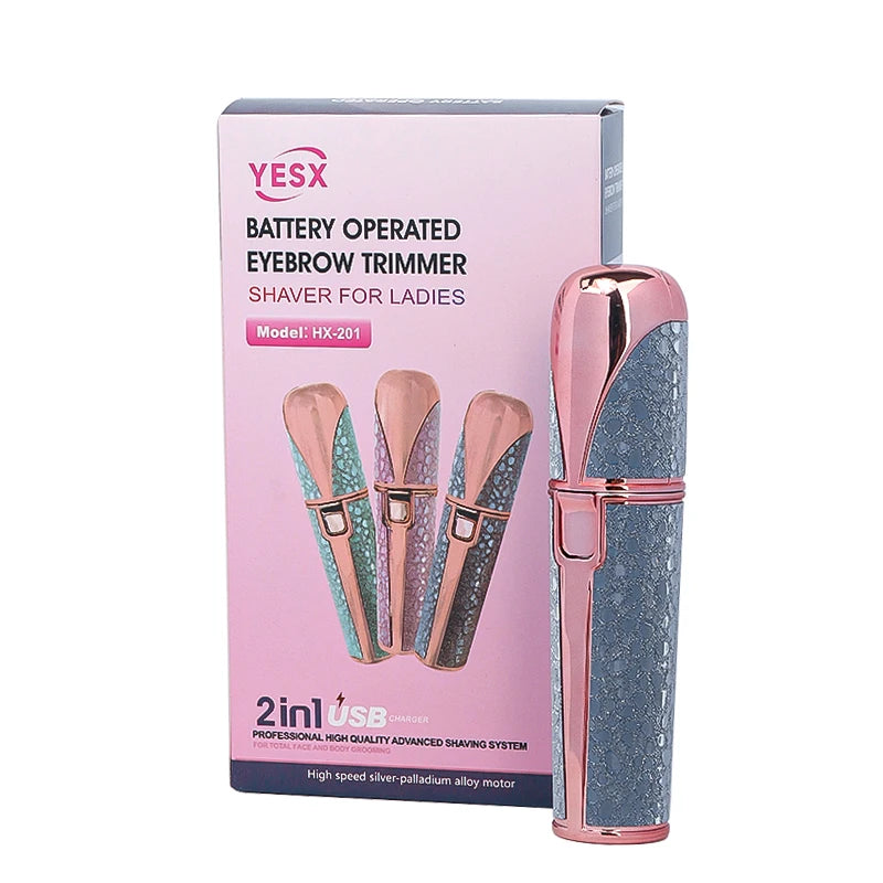 2 In1 Rechargeable Facial Silver Color Wireless Electric Hair Removal and Eyebrow Shaver - Face Lips Body Painless Facial Razor with Built-In LED Light USB Charging Women Beauty Salon Devices