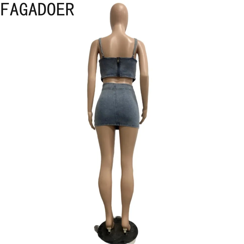 Blue Fashion Hollow Out Elasticity Denim Two Piece Sets Women Thin Strap Sleeveless Tank Top And Skirts Cowboy Outfits