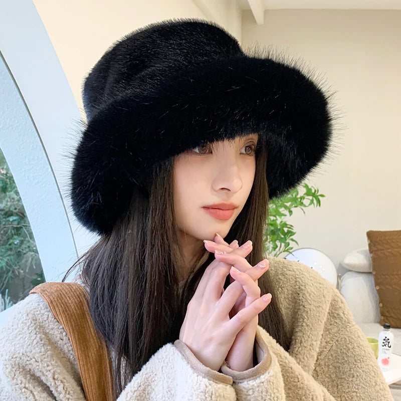 Big Faux Fur Fluffy Bucket Hat for Women Luxury Plush Winter Hat Thicken Snow Oversized Fur Bucket Hat Soft Big Panama Cap