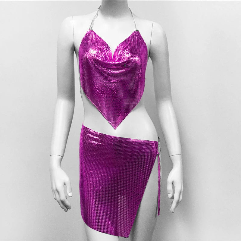 NEW Arrivals 2PCS Set Sexy Metal Sequins Matching Sets for Women Backless Tank Tops Slit Mini Skirt Festival Rave Beach Party Outfits Nightclub Party Bod Girls Sexy Fashion Clothing Supplies
