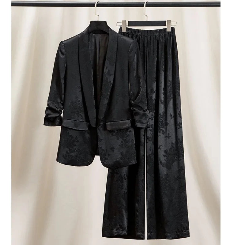 Plus Size Women High Quality Stain Jacquard Suits Jacket Coat Blazer And Pant 2 Piece Set Matching Outfits Female Formal Occasion Clothes