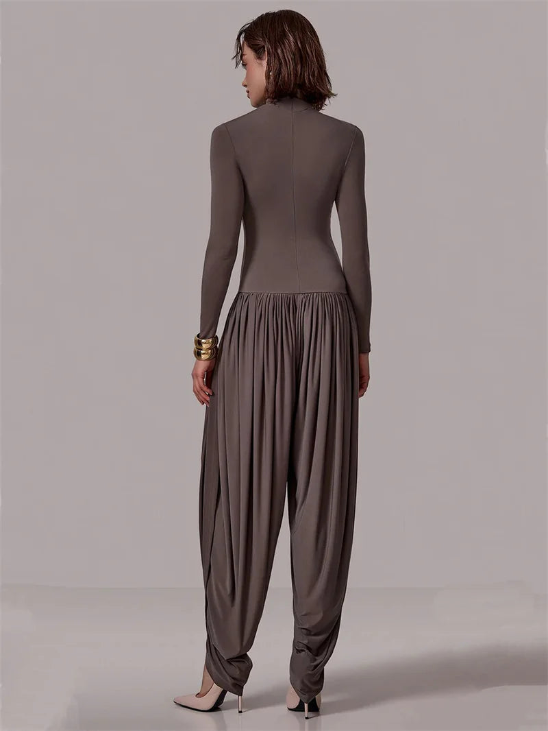 NEW Black/Gray/Coffee Color UK Size Long Sleeve Draped Sexy Jumpsuit Women Overalls Autumn Winter New Patchwork Solid Turtleneck High Waist Slim Jumpsuits Girls Streetwear Clothes