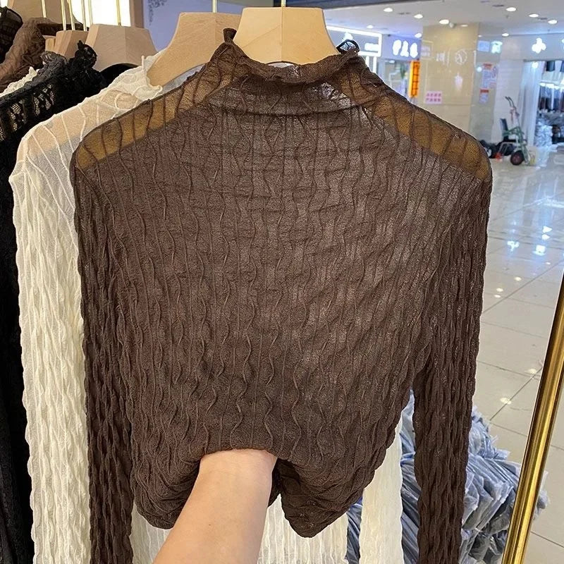 NEW Arrivals S-2XL 6 Colors European Style Polo/Turtle Neck Lace Base Layer Top Women's Long Sleeve 2021 Spring Autumn Thin Versatile Transparent Inner Top