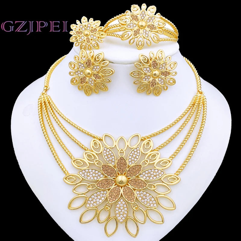 Luxury Jewelry 5 PCS Set For Women High Quality 18K Gold Plated Dubai Jewelry Necklace Earrings Ring Bracelet Trending Evening Wedding Party Business Dinner Luxury Jewelry Sets