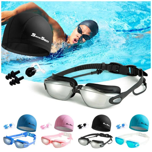 NEW 4 PCS Set Anti-Fog Adult Myopia/ Transparent/ Electroplated Professional Swimming Goggles Set with Nose Clip, and Ear Plugs Adjustable Silicone Swim Cap Waterproof Ultralight