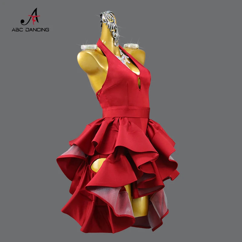 New Arrivals Red Latin Dance Dress Sexy Ladies Ballroom Party Show Costume Practice Wear Line Clothing Women Sport Party Skirt Customized Ladies Competition Dancing Dress