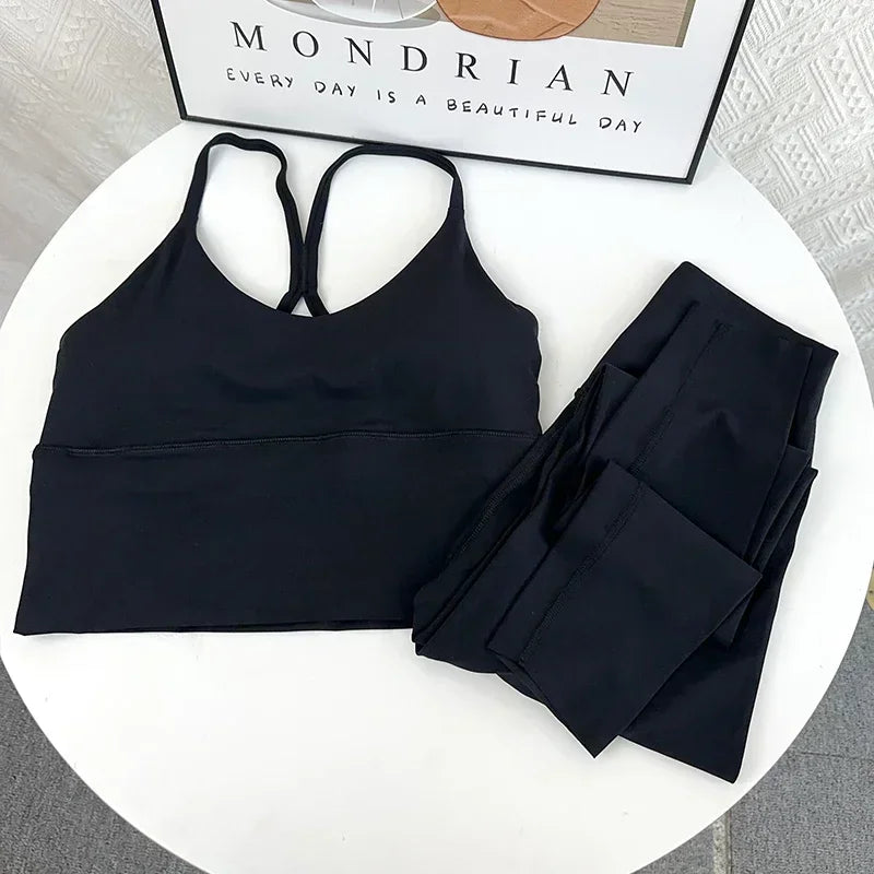 2 PCS Yoga Set 7 Colors Sportswear Fitness Suits Sexy Cross Back Yoga Tops Elasticity High Waist Leggings Running Sports Clothing👚👍️