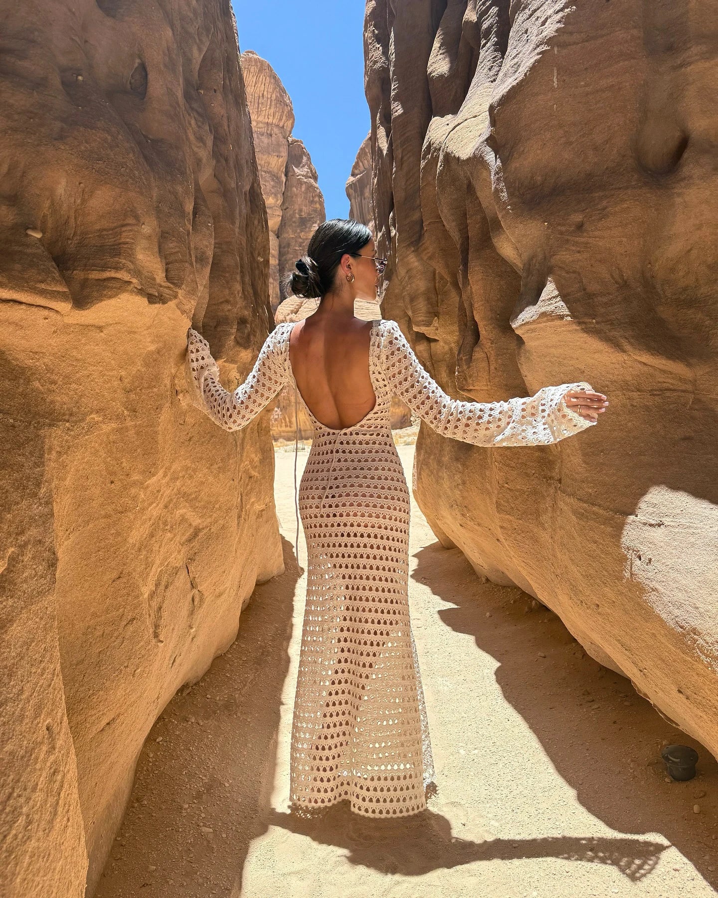 NEW Sexy Handmade Beige Knit Mesh Backless Long Bell Sleeve Beach Maxi Dress Women's Summer Slim Outfits Vacation Swimsuit Cover Up Tunic K205