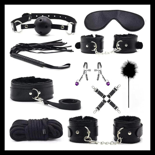 11pcs Plush Leather Handcuff BDSM Sexual Collar Blindfold Set Couple Clamps Harness Sadomasochism Black String Whip Bondage Kit