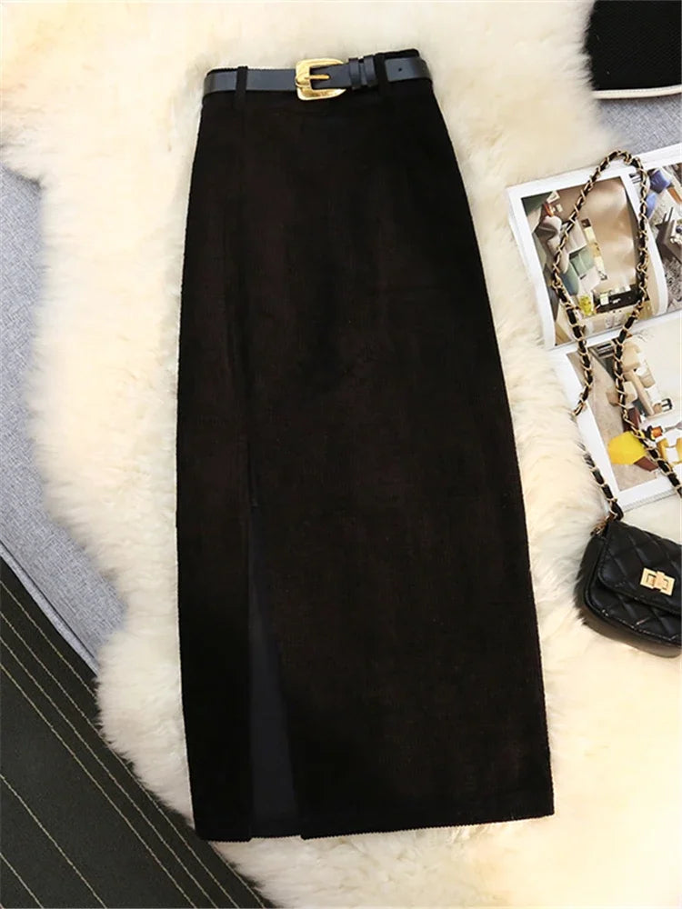 Autumn Winter Corduroy Women's Skirts with Belted New High Waist Straight Classic Front Split Skirts Ladies Female