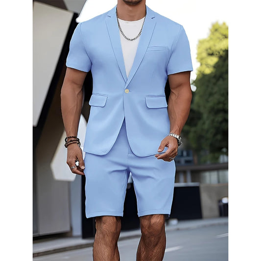 2 PCS Set Blue/Beige/Pink Color Men's Suit Summer Casual Suit Short Sleeve Suit Blazer 5 Inch Shorts for Outdoor Beach Weddings Casual Occasions