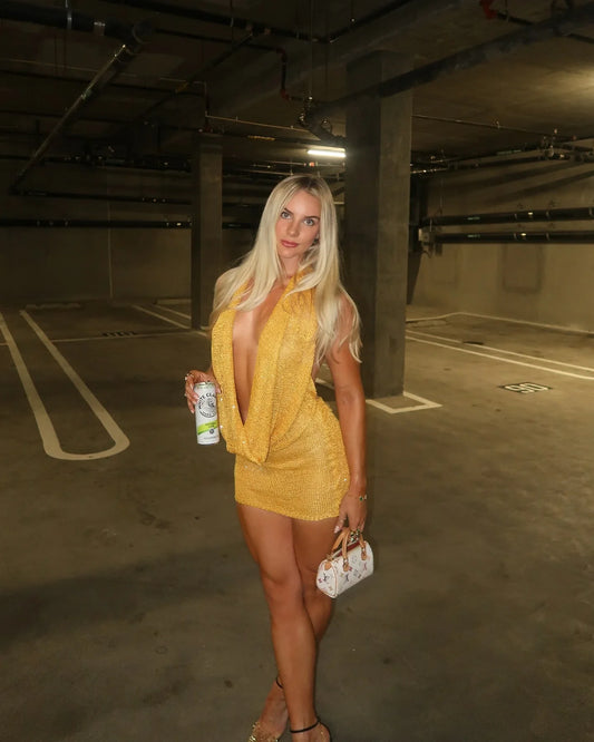 NEW Arrivals 9 Colors Sexy Stacked Deep V Neck Bright Silk Backless Knit Beach Mini Dress Women Summer Vacation Dresses （Belt not included）K145 Girls Sexy Mini Dress